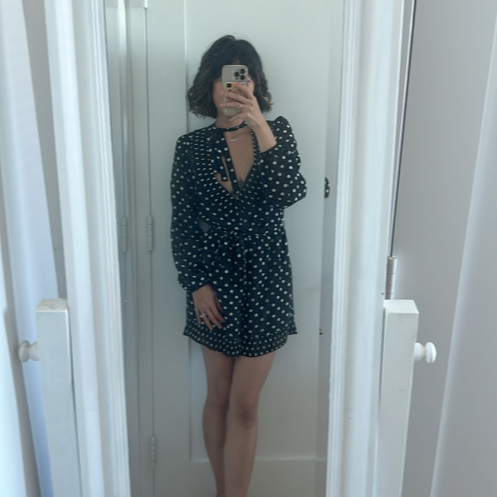 Like new zimmermann polka dot low cut ruffled necktie romper playsuit